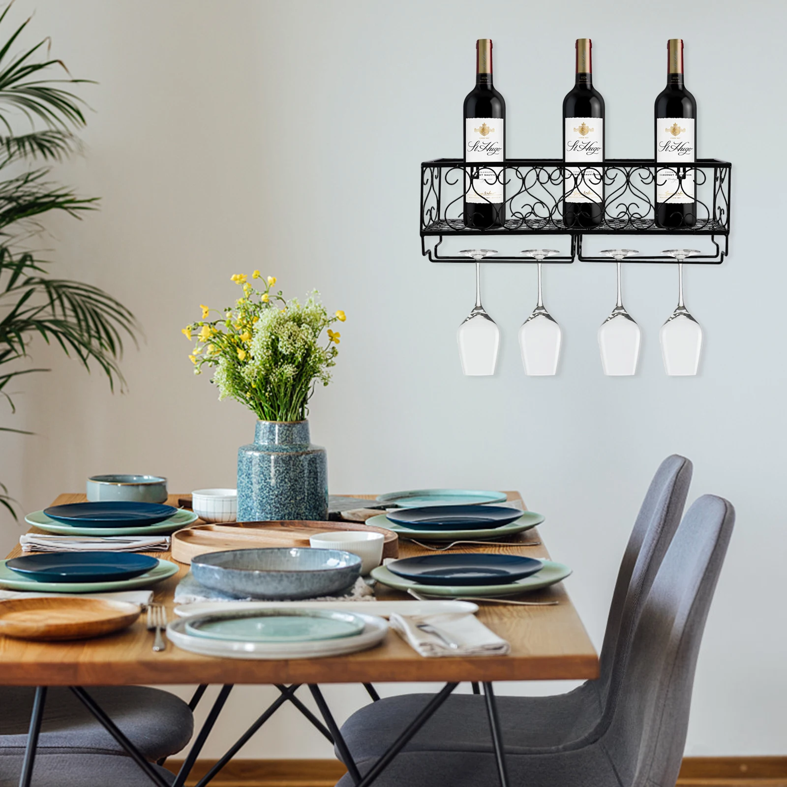 

Wall Mounted Glass Holder Rack Iron Wire 6 Bottle Storage Black Electroplating Retro Style Wall ganizer