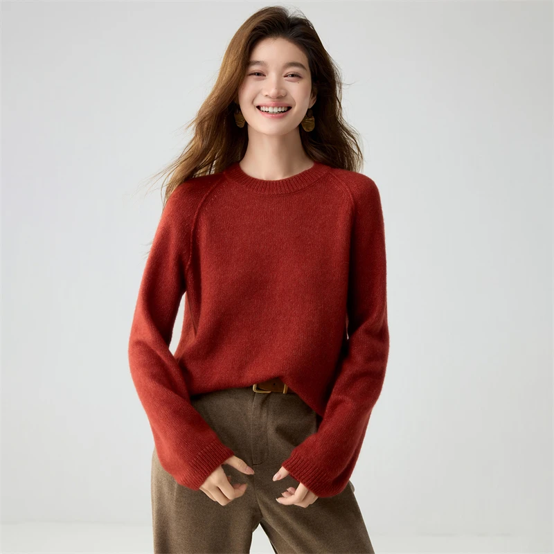 Autumn Winter Women's 100%Cashmere Pullover Sweater O-Neck Raglan Sleeve Mellow Gentle Relaxed Balanced Silhouette Knit Top
