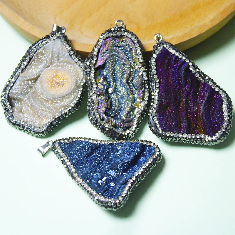 Micro Inlay Rainbow Sun Agate Galaxy Necklace for Women Ladies Irregular Rough Stone Pendant Reiki Healing Crystal Jewelry