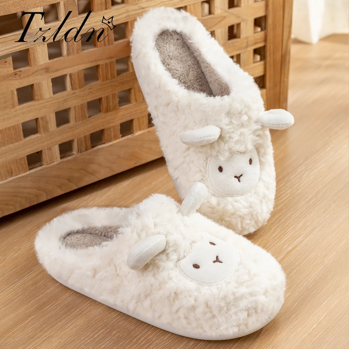 Winter-Cartoon-Schaf-Plüsch-Hausschuhe für Damen und Herren, warme, weiche, flauschige Fell-Slides, niedliche Innen-Haussandalen für Erwachsene, Paar-Baumwollschuhe