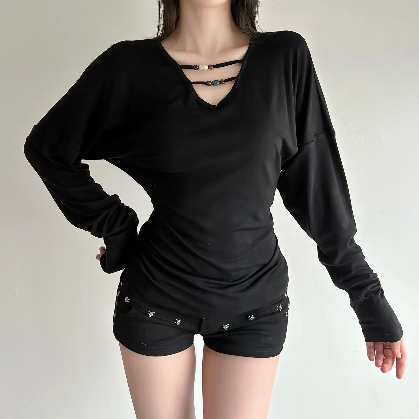 

Black V-Neck Beaded Top Long Sleeve Pleated Waist T-Shirt