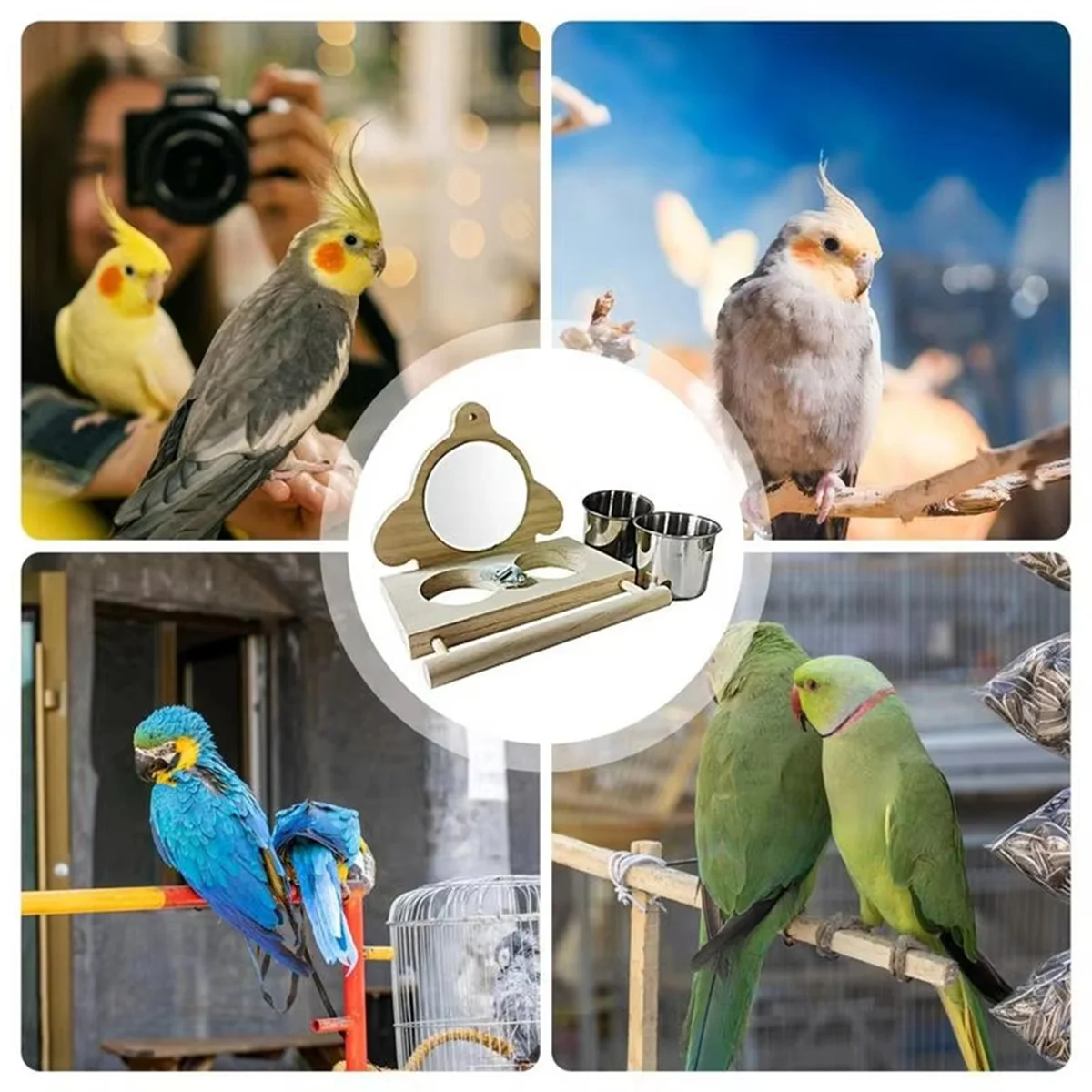 

A002 Окунь для попугая, деревянная игрушка-зеркало для попугая, птица-попугай, окунь с зеркалом и чашками для кормления, клетка, игровая игрушка для неразлучников B