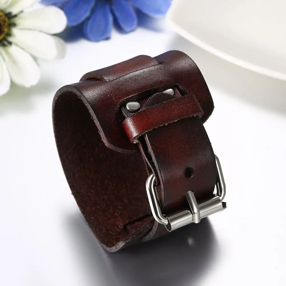 Cowhide Bracelet Retro Men\'s Wide Leather Watchband Biker Cuff Wristband Bracelet