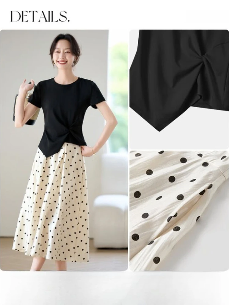 SENTUBILA-Conjunto de falda de 2 piezas para mujer, camisetas informales de algodón puro con cuello redondo y manga corta, faldas de lunares, verano 2025, 152ZC2622Z