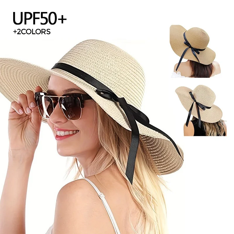 Summer sale Simple Beach Hat Casual Women Flat Brim Bowknot Straw Cap Girls Floppy Sun Block UV Protection Hat Outdoor Travel