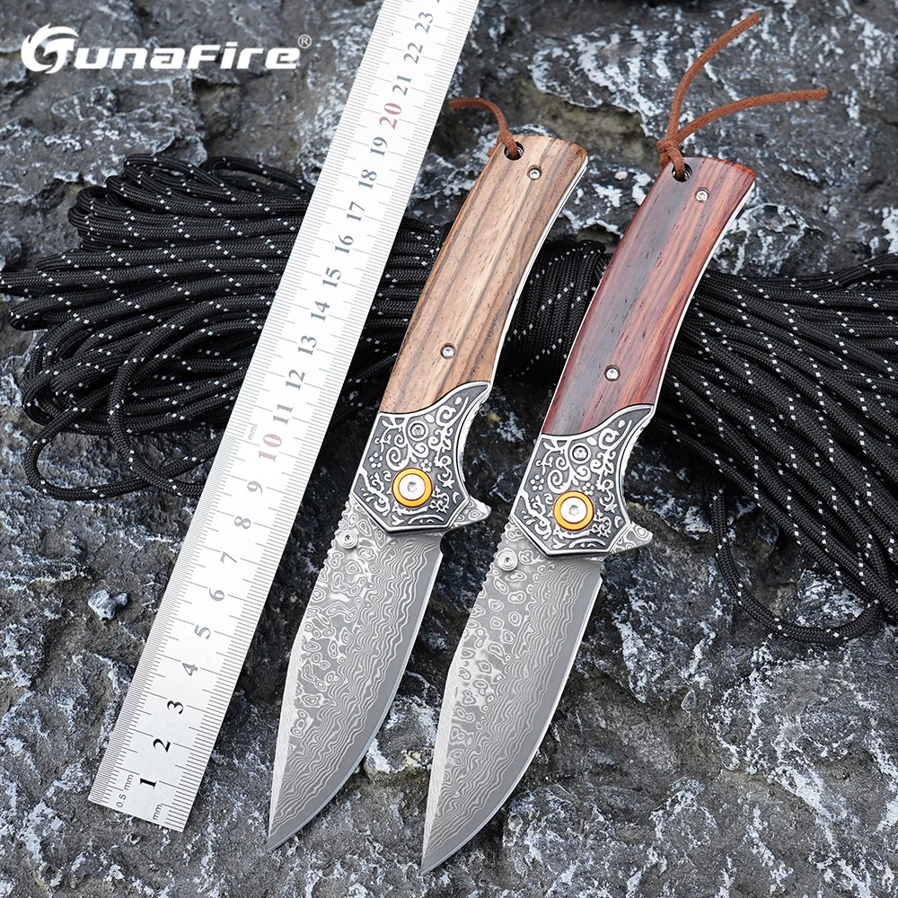Ручной инструмент Tunafire GT-DM025, складной нож высокой твердости из дамасской стали, деревянная ручка, охотничий нож для выживания, самообороны