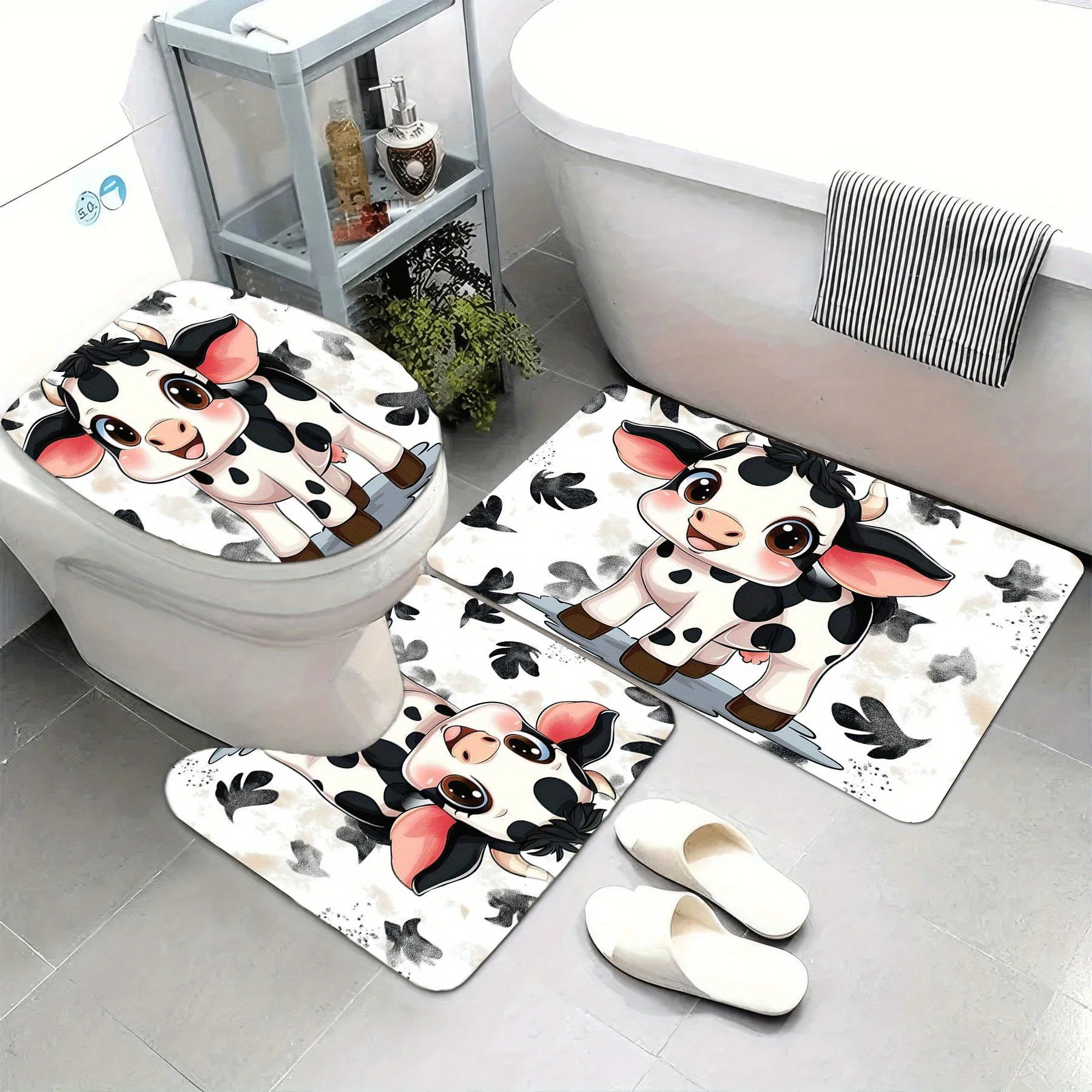 

3pcs cute cow print bathroom rug set, made of high-quality flannel, soft and comfortable, washable, very suitable as a Christmas