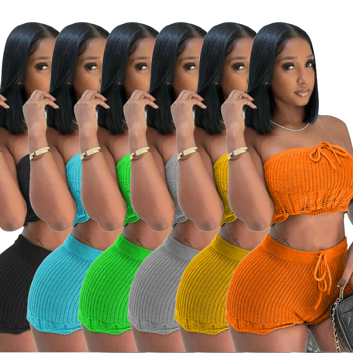 

Knitted 2 Piece Set Women Outfit Solid Off Shoulder Crop Tops Stretch Shorts Tracksuit Casual Sexy Club Party Short Sets Woman