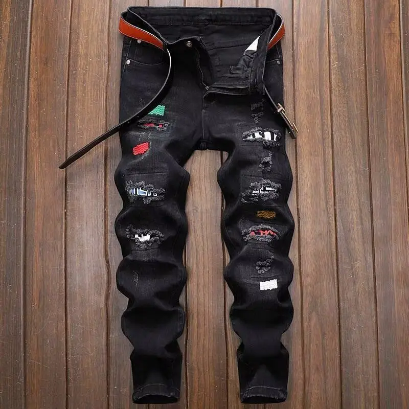 Moda coreana streetwear marca jeans rasgados verão fino-ajuste impresso calças casuais elástico preto calças designer jeans masculinos