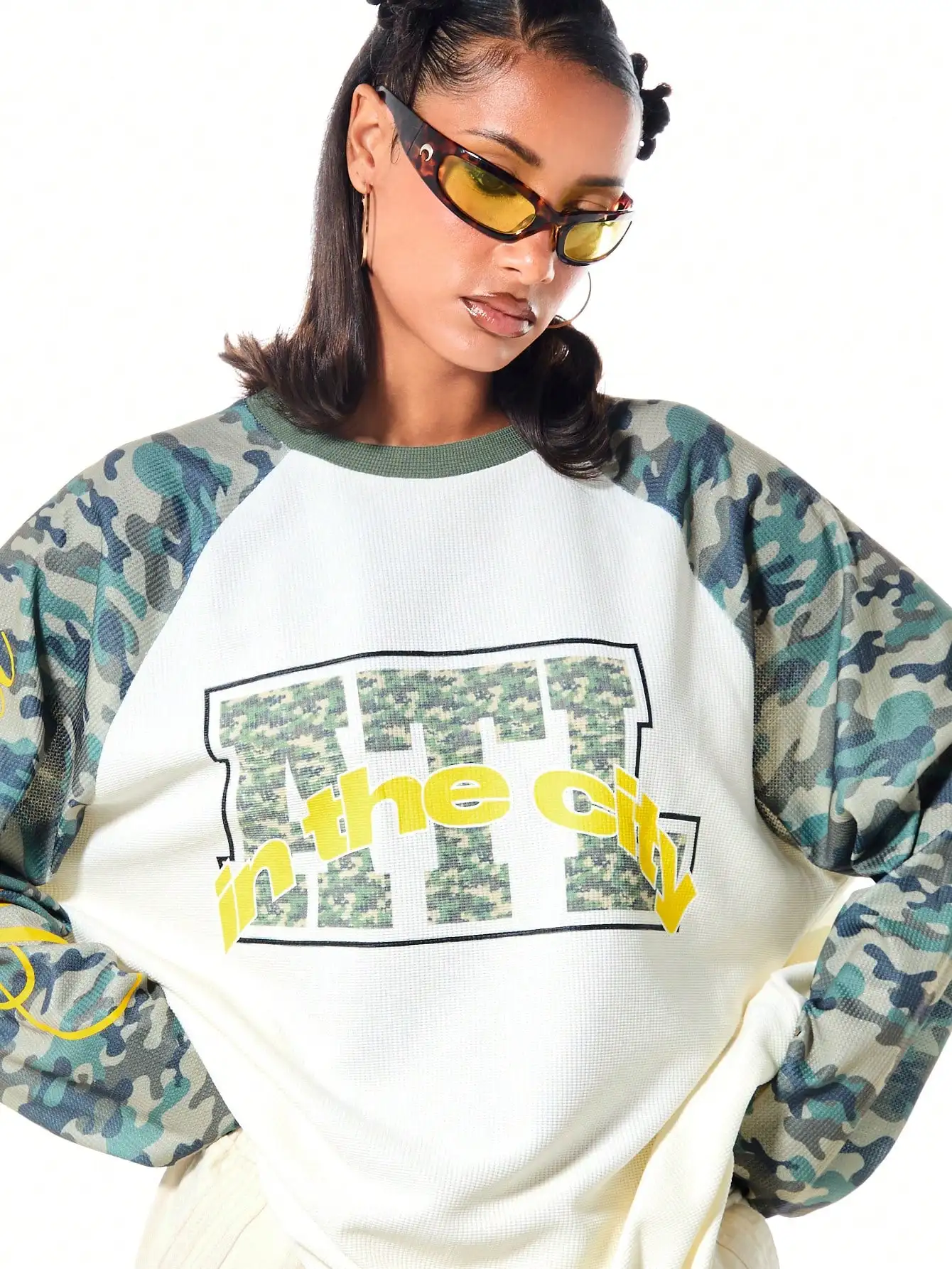 Oversized Waffle Knit Top Y2K Streetwear Graphic Raglan Long Sleeve T Shirt Camo Letter Print Casual Loose Pullover Top Crewneck For Fall Winter Daily Street Going Out Thanksgiving Gift