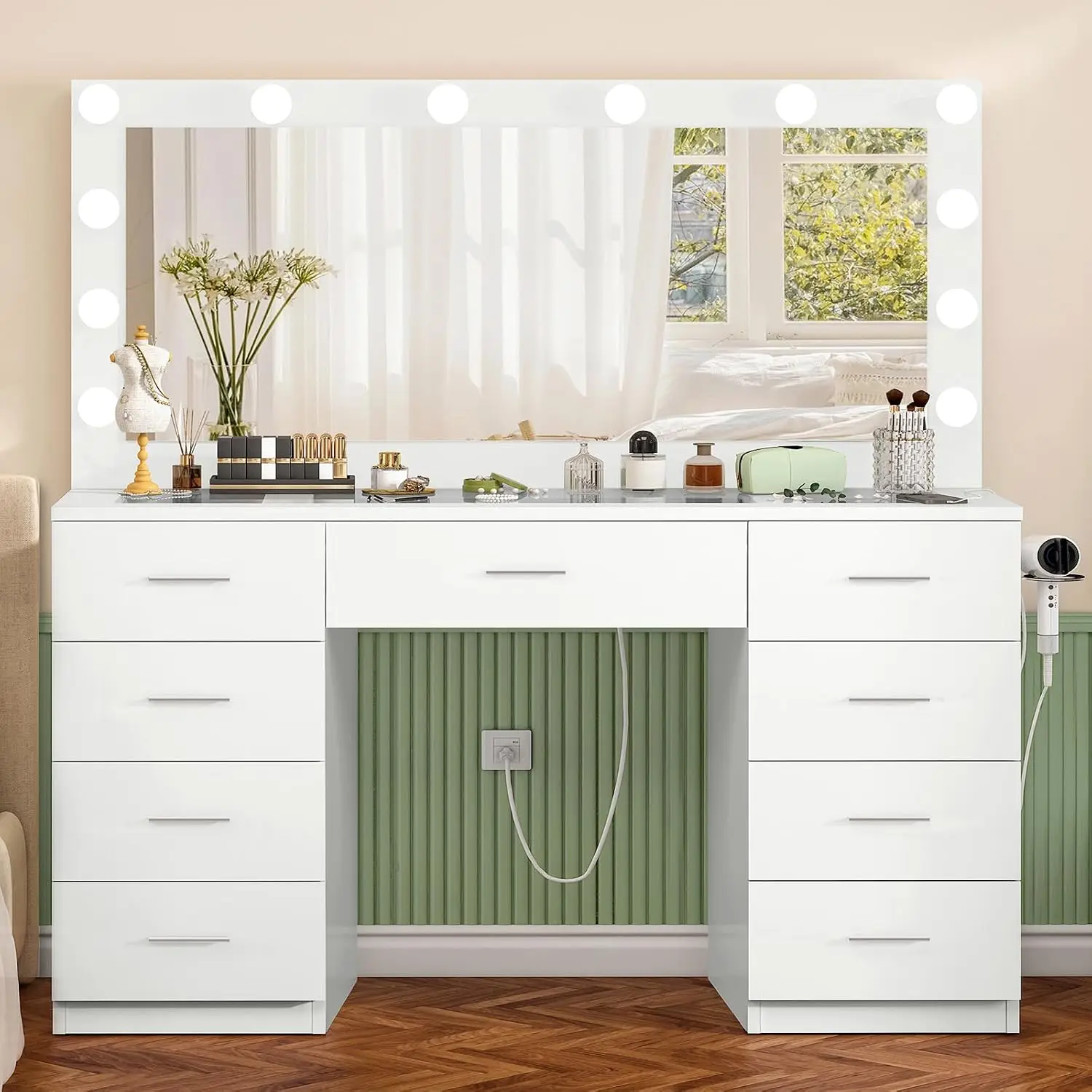 46" Vanity Desk with Glass Top & Lights Mirror, 3 Adjustable Lighting Color, Makeup Vanity with 9 Drawers and 12 LED, Custom