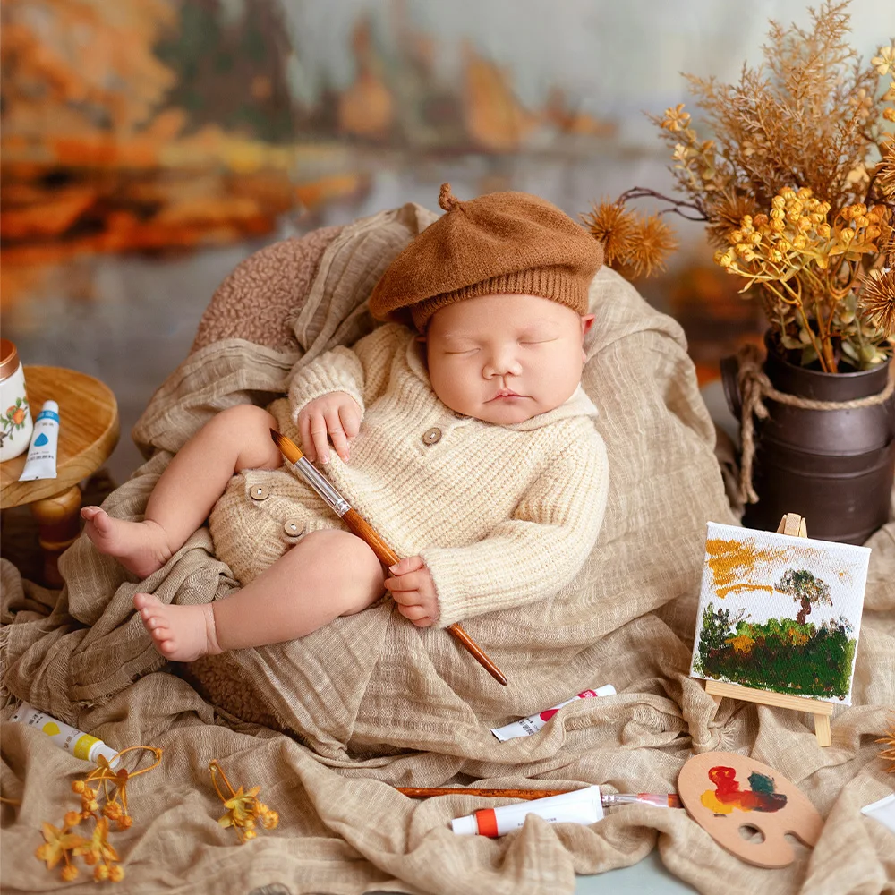 

Baby Costume Knitted Long Sleeve Jumpsuit Beret Painter Hat Photography Outfit Painting Prop Studio Baby Painter Art Photo Theme