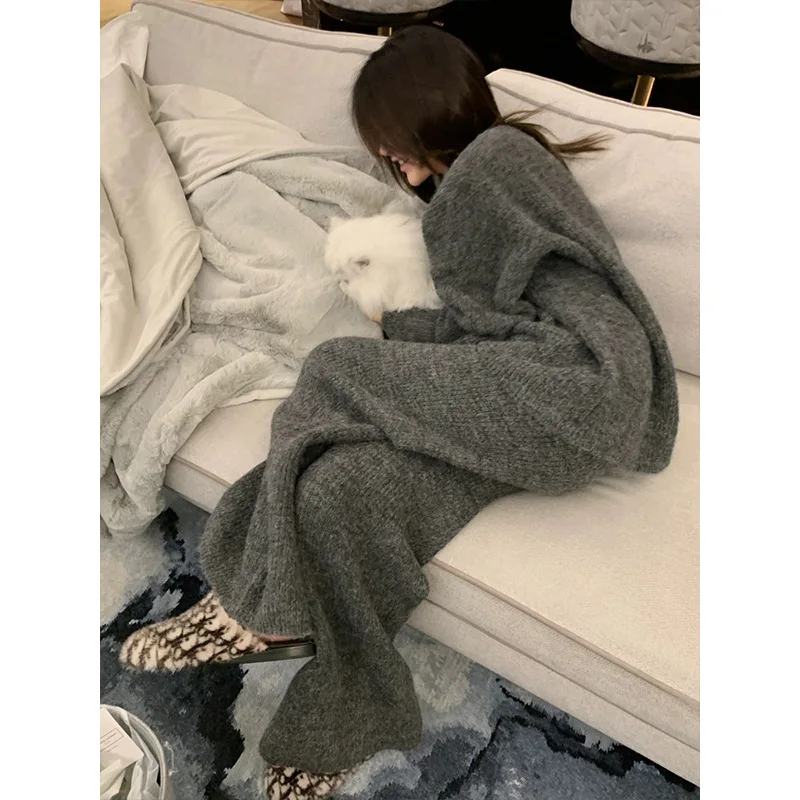 Conjunto de pijamas macios moda coreana feminina ao ar livre casa wear outono inverno casual malha em torno do pescoço pulôver calças conjunto de duas peças