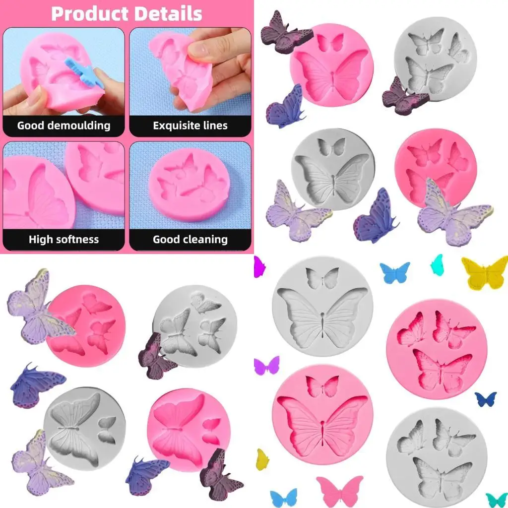 

652F Silicone Butterfly Molds 4Pcs Reusable DIY Candy Chocolate Dessert Fondant Molds Safe For Oven Freezer