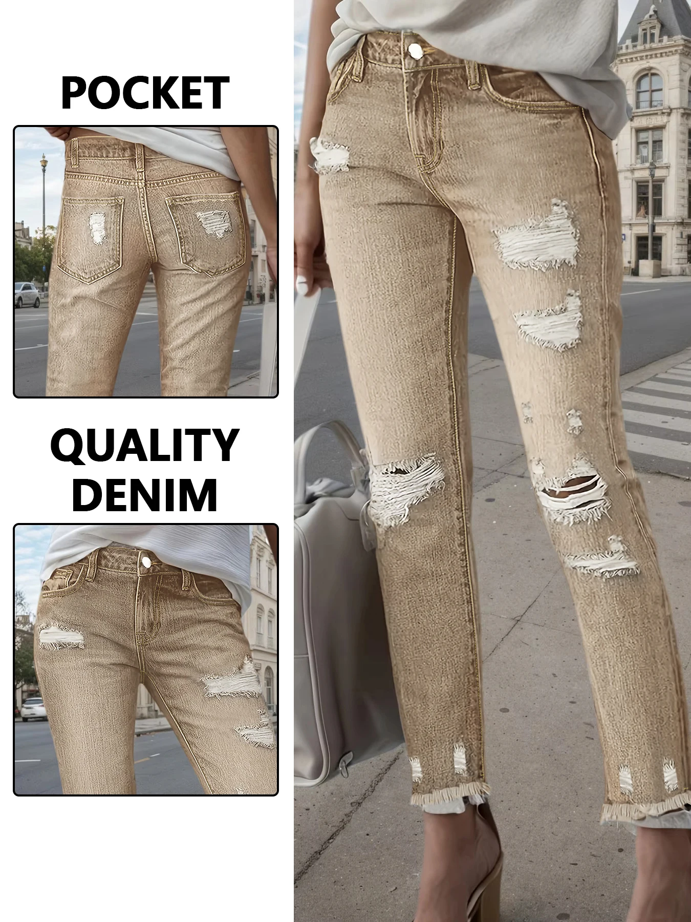 جينز ضيق عالي الخصر مقاس كبير، تصميم كلاسيكي مغسول ومستر، جينز نسائي مريح بمقاس كبير.