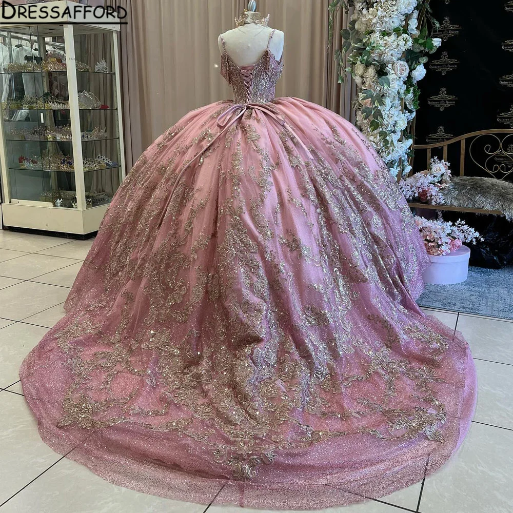 Glitter Pink Tulle Ball Gown Quinceanera Dresses Meninas De 15 Anos Porno Appliques Ballkleid Vestidos De