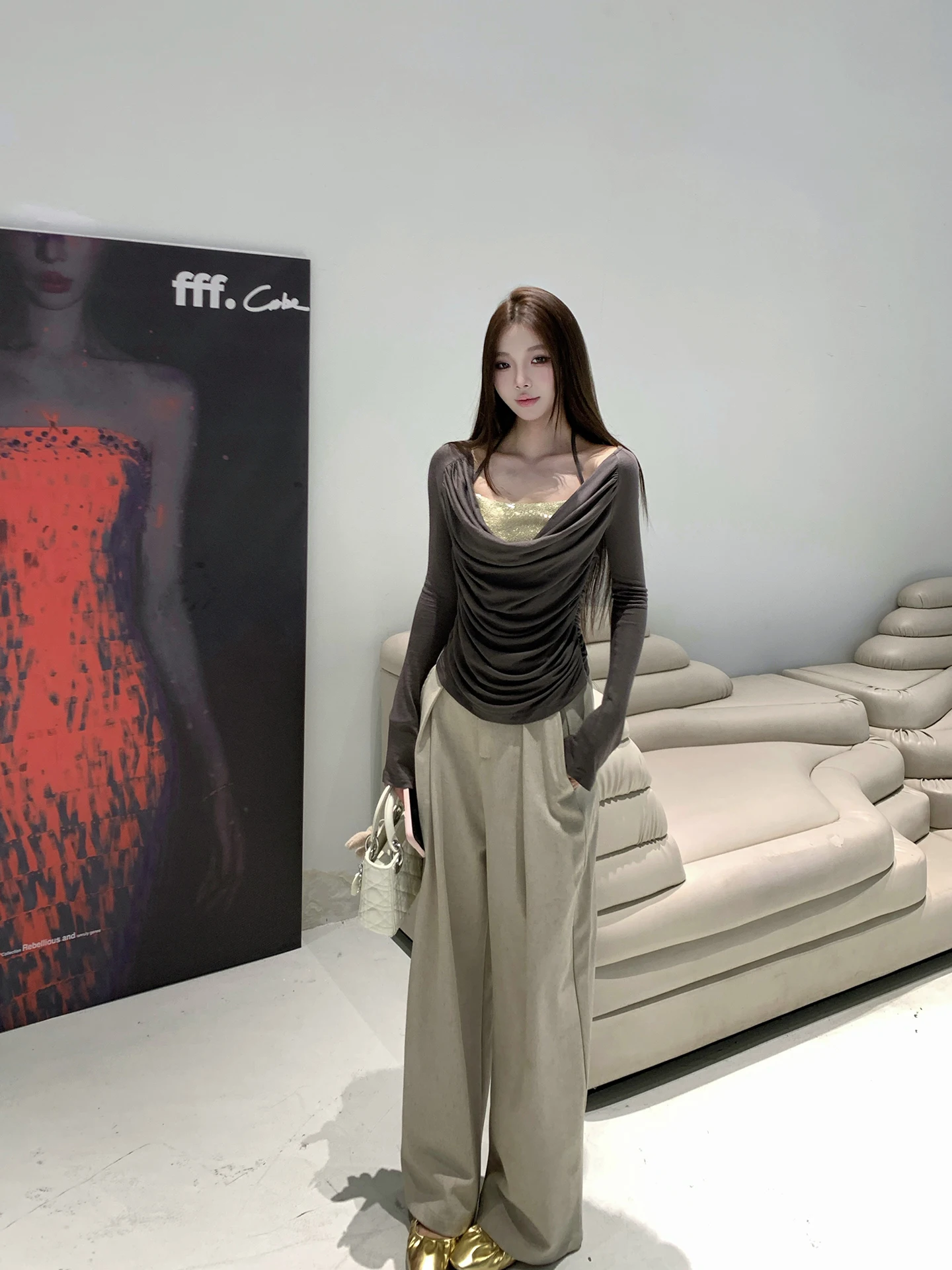 

Женские модные повседневные брюки EU Spring с высокой талией, свободного кроя, прямые, широкие штанины, из полиэстера, для женщин