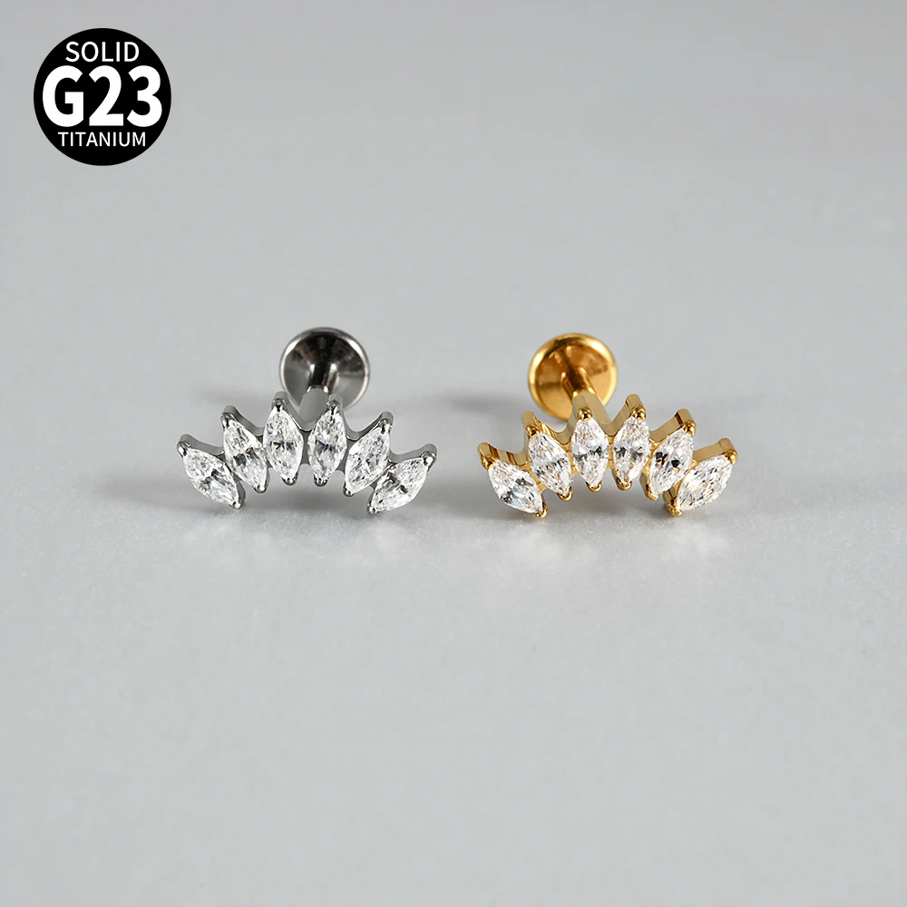 1PC  G23 Titanium CZ Labret Lip Ring Internal Thread Marquise Zircon Tragus Helix Conch Flat Earrings Body Piercing Jewelry 16G
