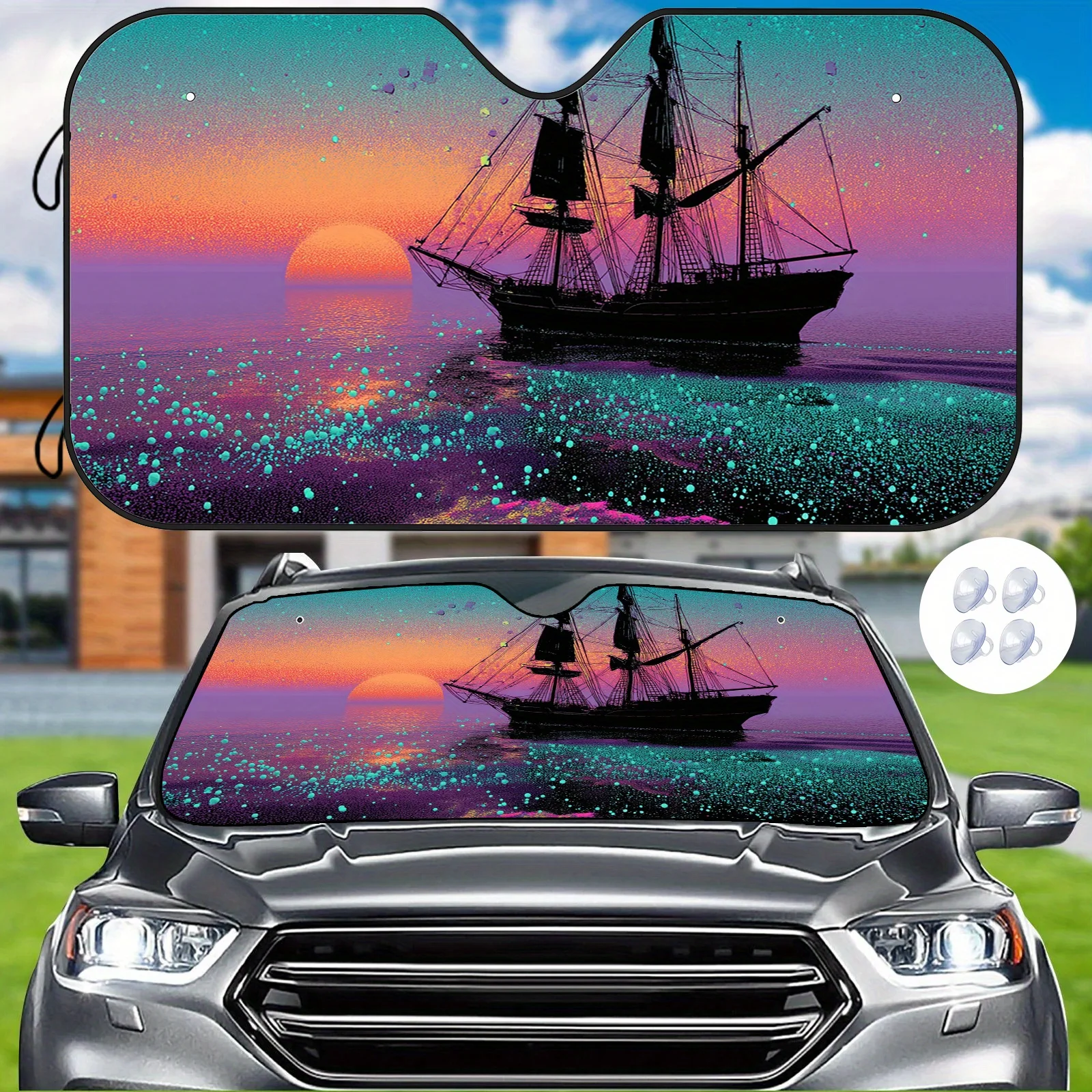 

Винтажный солнцезащитный козырек на лобовое стекло с закатом парусного корабля — теплоизоляция, защита от царапин и ультрафиолета, с надежным ремешком — винтажный морской козырек