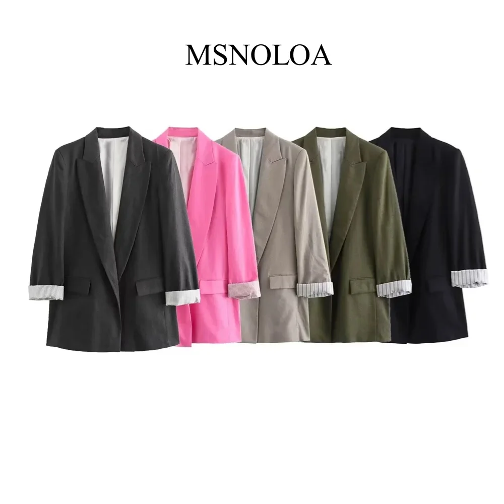 Cappotto da abito con maniche a rotolo in misto lino versatile e casual alla moda da donna del nuovo prodotto estivo 2024