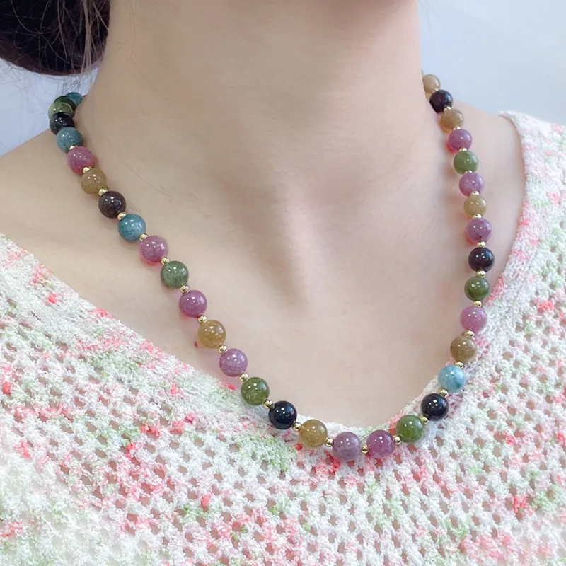 

New Arrival Classic Natural Tourmaline Colored Stone Beaded Strand Necklace for Women Accessories Light Luxury Niche Design NK