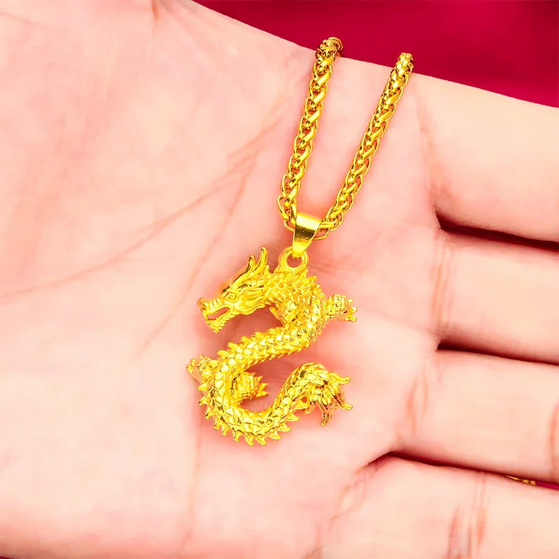 

Bold Men's Dragon Year Fashion Necklace (24K AU999) - 3D Dragon Head Pendant, Matte Chain, Majestic Leadership