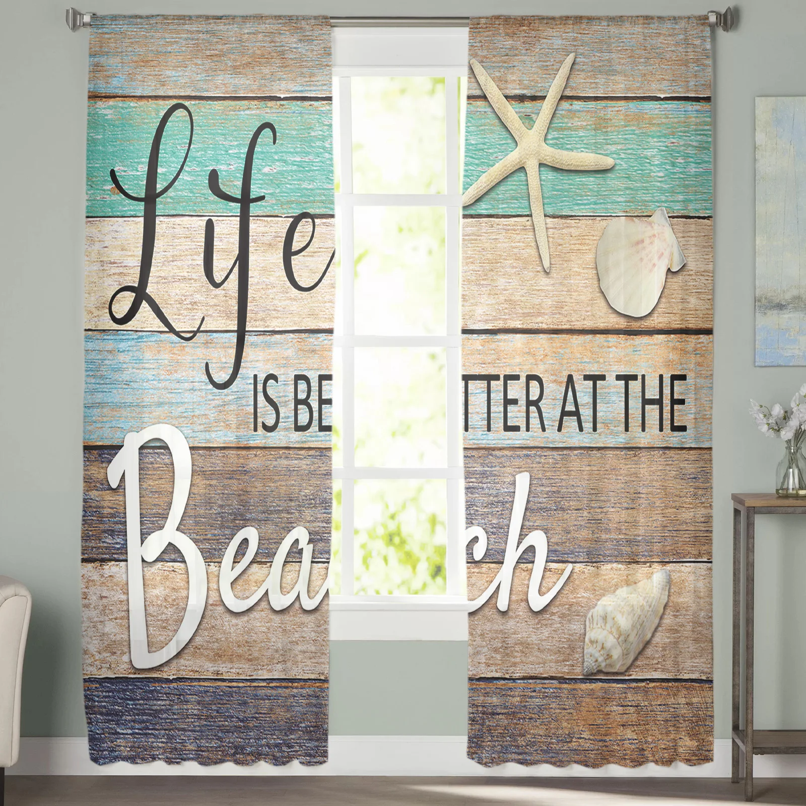 Sea Beach Wooden Sea Star Shell Sheer Curtain for Living Room Bedroom Voile Drape Kitchen Window Tulle Curtains Home Essentials