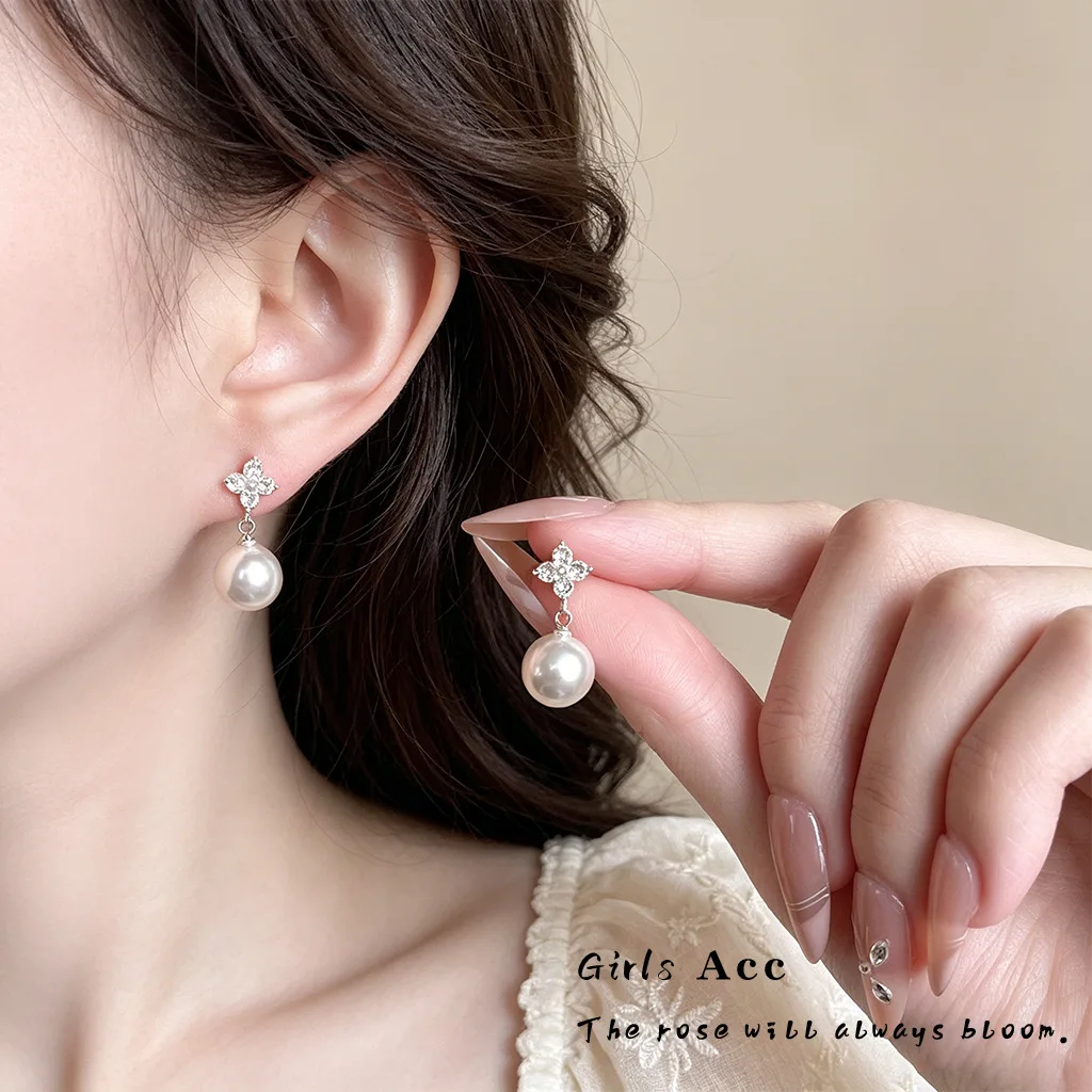 Elegant Senior Texture Flower Earrings French Micro Paved Zircon Pearl Studs Light Luxury Jewelry For Women Girls Daily Wear