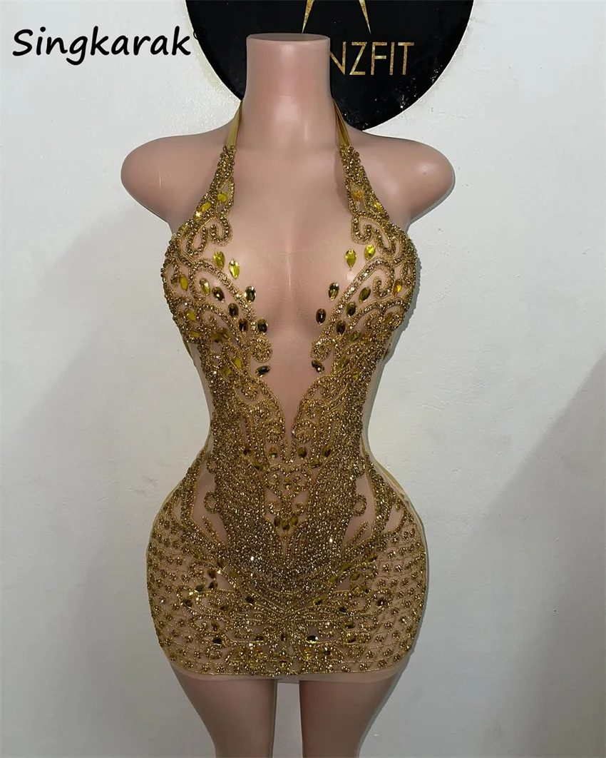 Sexy brilhante ouro diamantes curto vestido de baile dourado halter glitter cristais strass contas festa aniversário cocktail personalizado