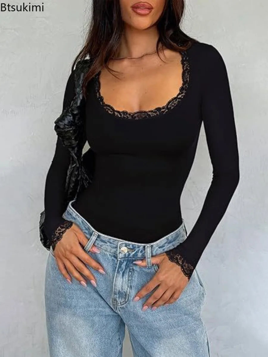 Damski seksowny kombinezon z koronką, okrągły dekolt, bezszwowy, długi rękaw, seksowny, nowy styl na wiosnę 2025, jednolity kolor, dopasowany krój, koszulka z długim rękawem.