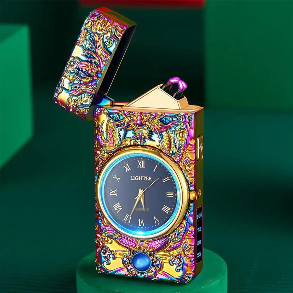 LED Light USB Electric Lighter Embossed Dragon and Watch Plasma Flameless Power Display Dual Arc Lighter Creative Men\'s Gift