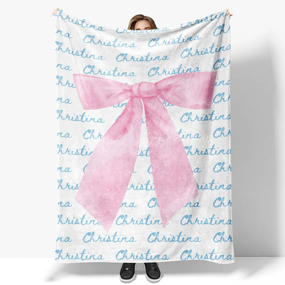 Cute Pink Bow Tie White Blue Custom Name 50x60in Blanket, Personalized Gift for Girl Baby Room Decor
