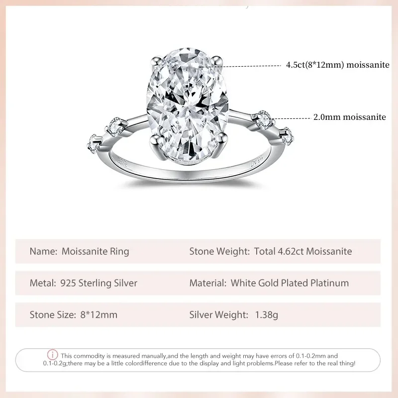 Follow Cloud 4.5ct 8*12mm Oval Moissanite Diamond Engagement Rings with Certificates 925 Sterling Silver Wedding Ring for Women