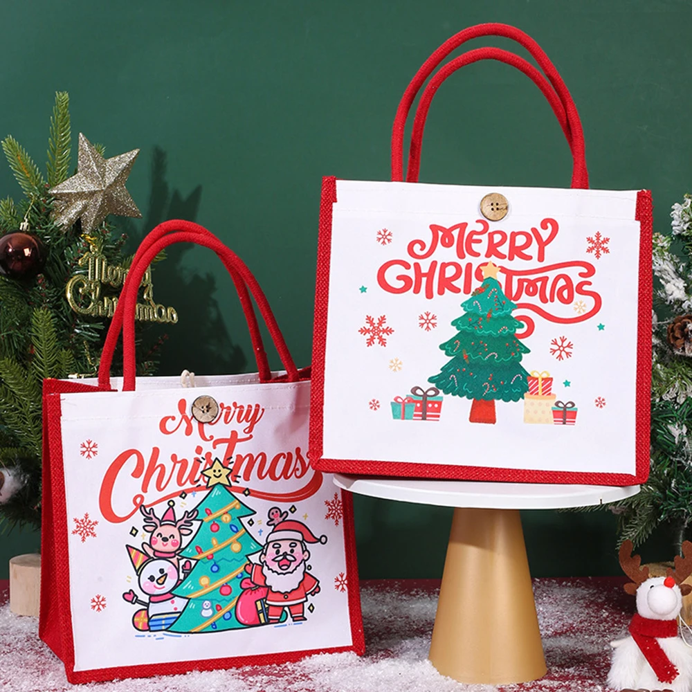 Christmas Canvas Tote Bag Santa Claus Prints Large Capacity Christmas Pattern Handbag Female Eco-Friendly Shopping Gift Handbag
