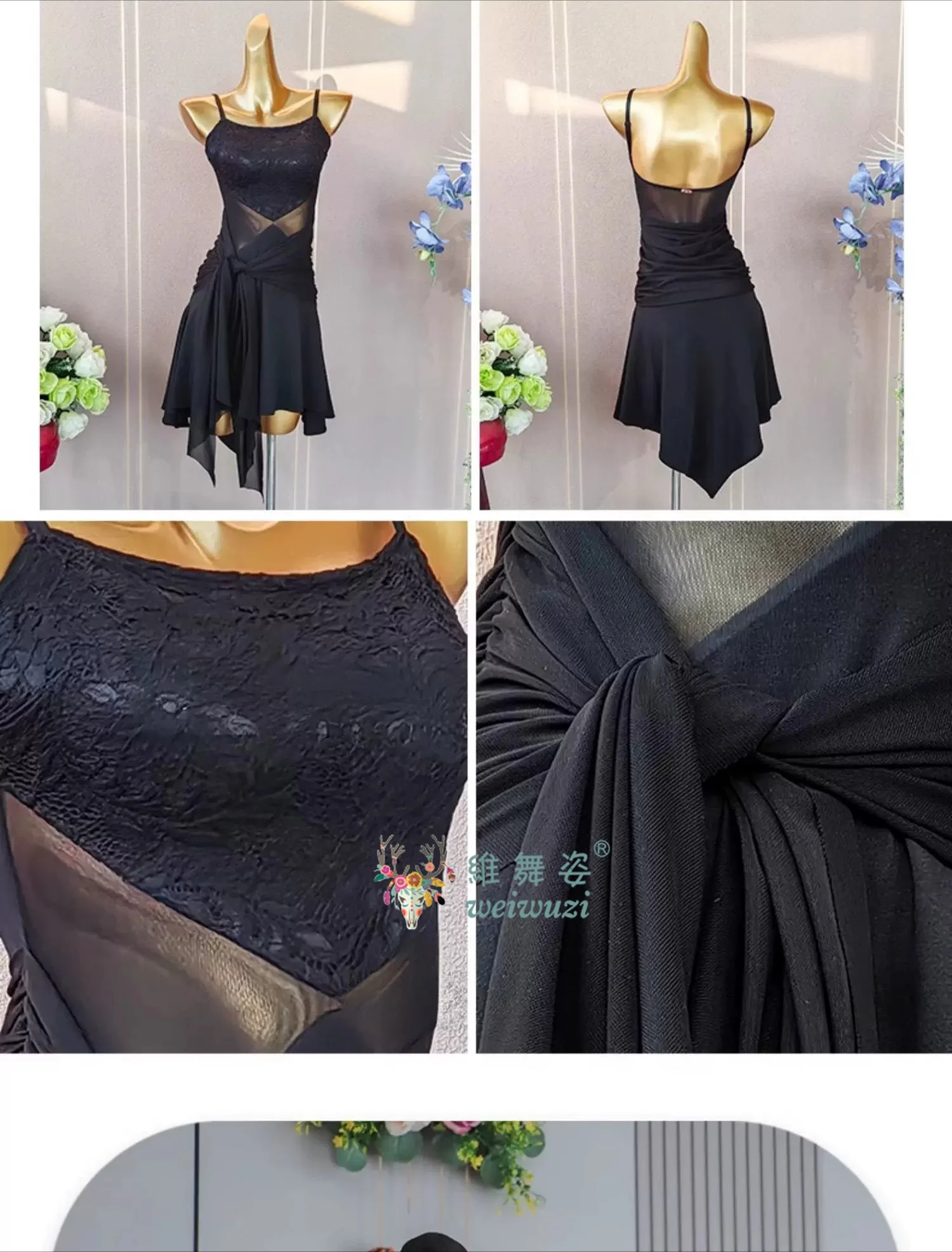 Professionelle Latein-Tanz-Wettbewerbskleidung Netz-Trägerkleid Sexy Ballsaal-Rock für Damen Übungskleidung Bühnenkostüm – Detail 6