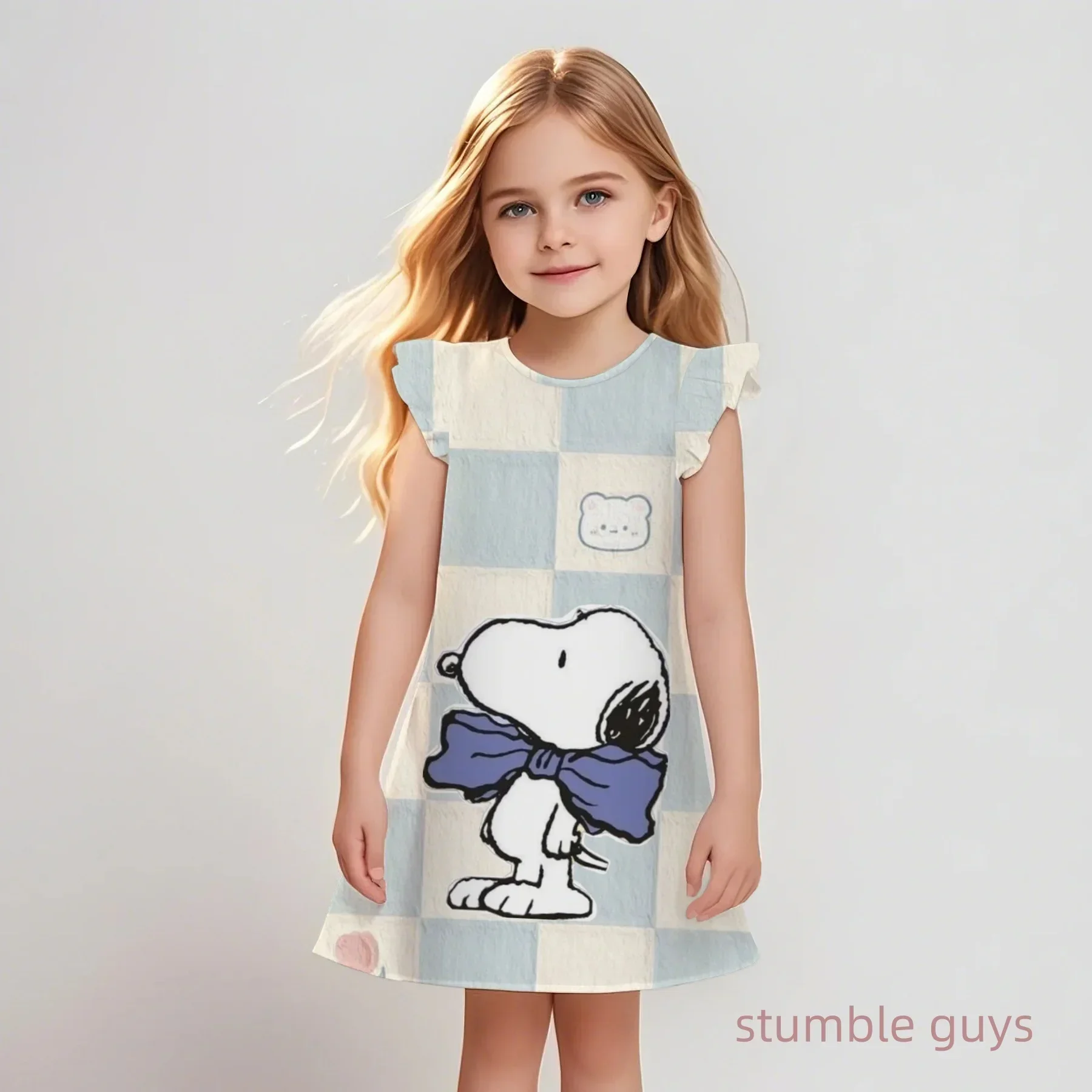 

Летнее платье с принтом 2025 года, детская одежда для девочек, милые десерты, повседневные модные платья с короткими рукавами и летающими рукавами, Snoopys Kawaii