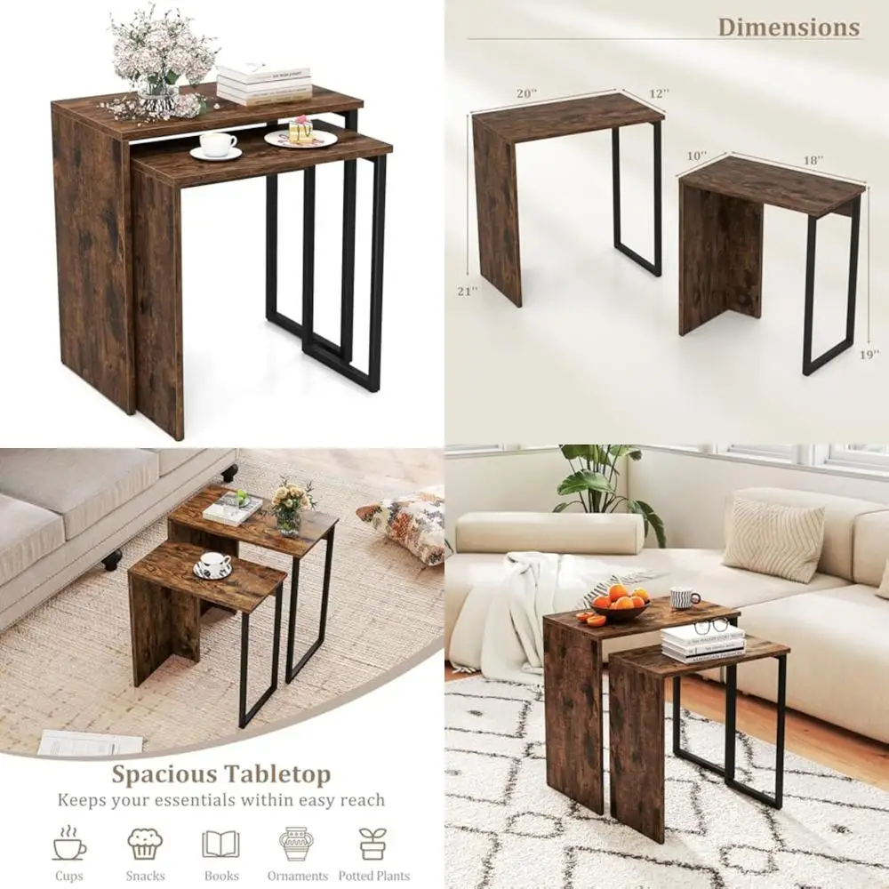 

Modern Stacking Coffee Table Set, 2-Piece, Faux Wood Top, Metal Frame, Industrial Style Sofa Side Tables