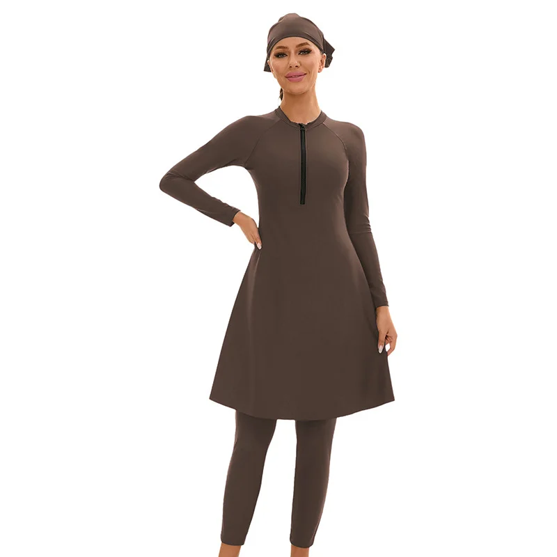 Muslim Burkini Modest Swimsuit for Women 3 Pieces Long Sleeve Front Zip Full Coverage Quick Dry Islamic Swimwear with Swim Cap
