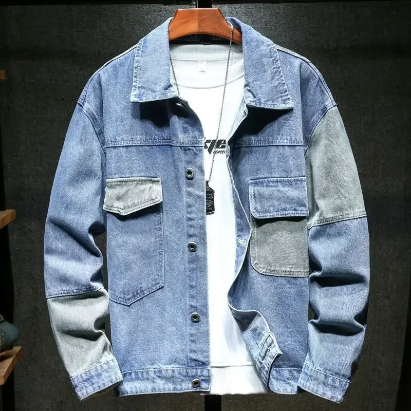 

Men's Denim Jacket Japanese Spliced Button Male Jean Coats Autumn Aesthetic Fashion Winter Oversize Worn Big Size Of Fabric