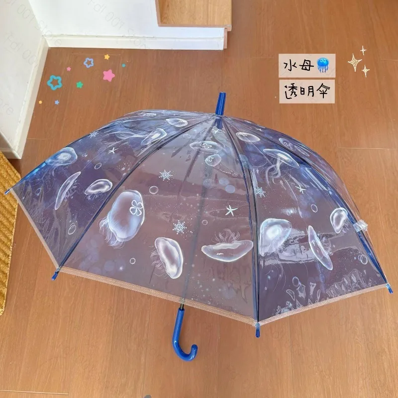 For Fashion Romantic Sea Moon Jellyfish Transparent Umbrella Gradient Water Blue Curved Hook Straight Handle Waterproof Photo