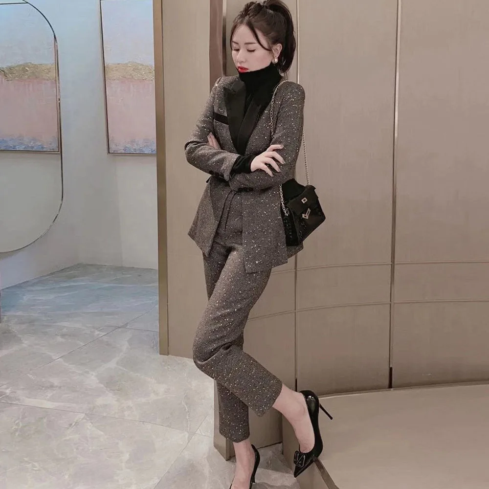 Wool Blend Professional Set Spring Autumn New Suit Jacket Straight Pants Suits Temperament Office Lady Business Suit 2-piece Set