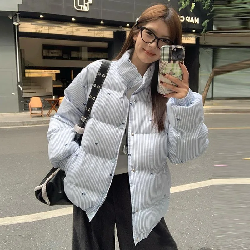 YYAHAHAS Koreańska Moda Niebieska Kokarda Paski Stójka Płaszcz Zimowy 2025 Kurtka Bawełniana Nowe Parki Odzież Damska