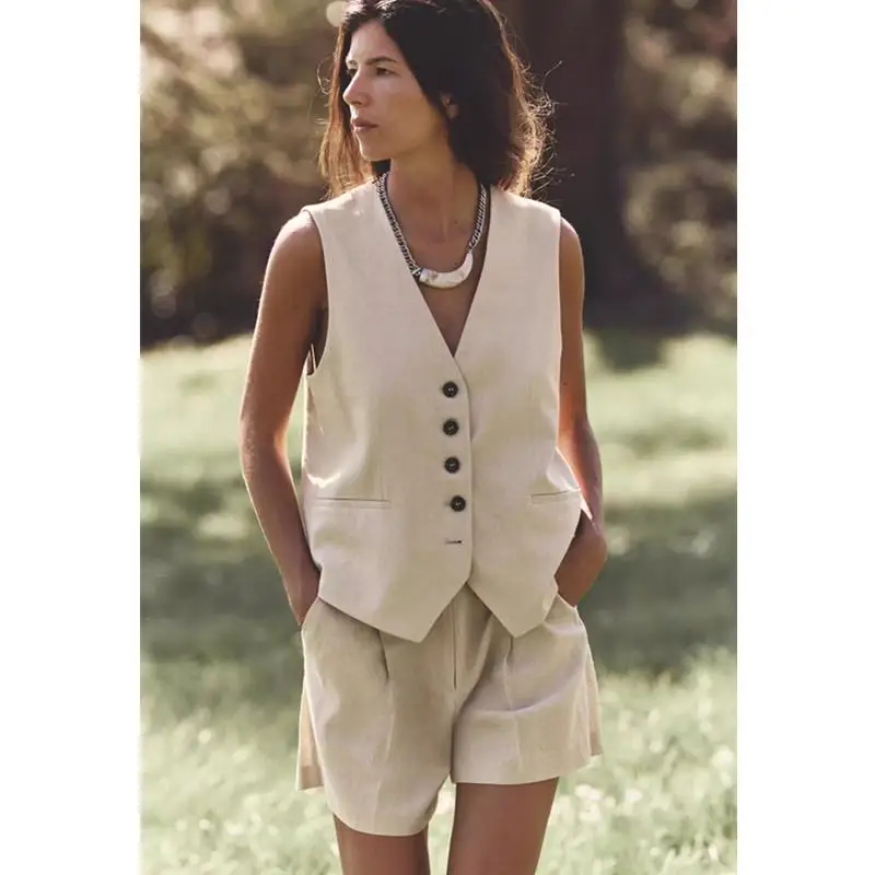 

New Arrival Women's Linen Blend V-ne Svel Vest orts 992972 27532 992962 Original Design ort Length Single Button