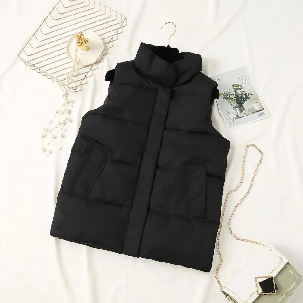 Thick Waistcoat Windproof Stand Collar Women's Winter Vest with Pockets Thickened Padded Sleeveless Cardigan Zipper for Warmth