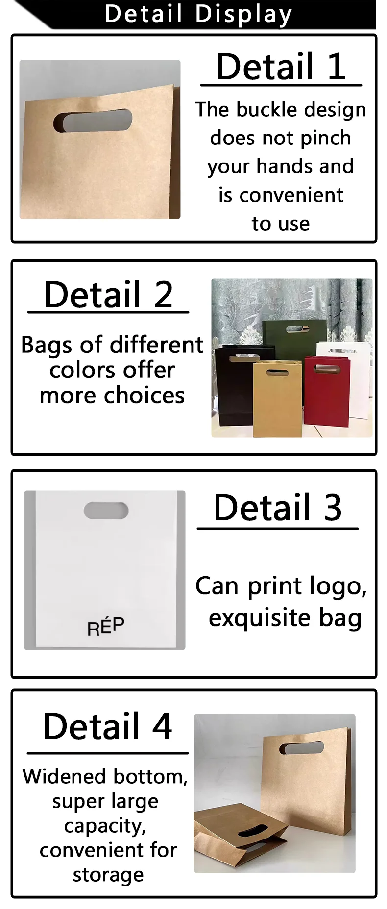 10 Stück perforierte Kraftpapiertüten, kein Rabatt, keine Geschenktüten mit Tragegriff, Geschenkverpackungstüten für Kleidung, unterstützt individuelles Logo. – Detail 3
