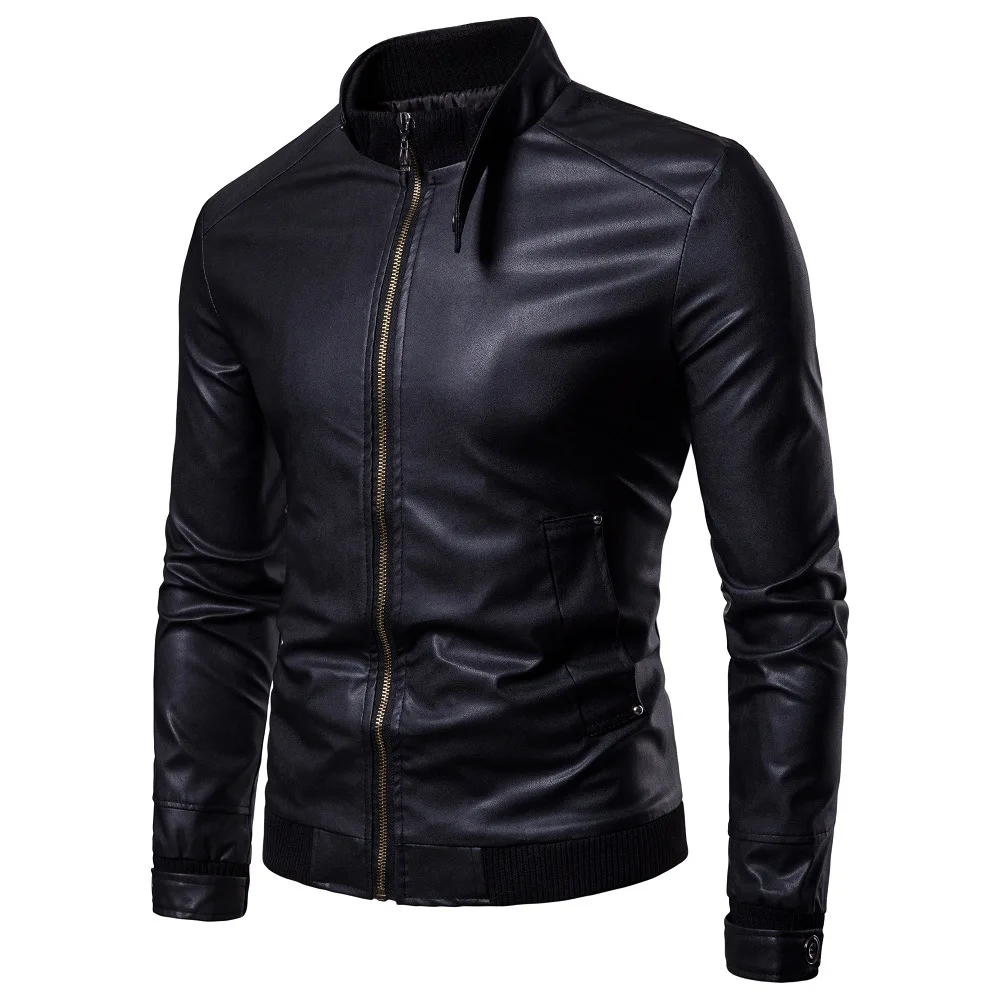 Autumn new men\'s Korean version slim standing collar PU leather jacket