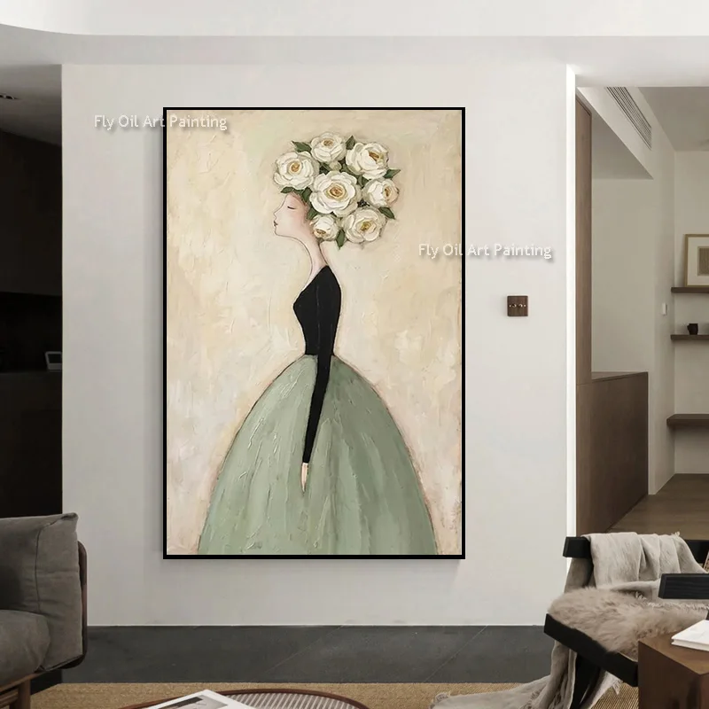 Lady With White Roses Canvas, Hand‑Painted Impasto Oil Painting, Elegant Figure Textured Vertical Wall Art Decor