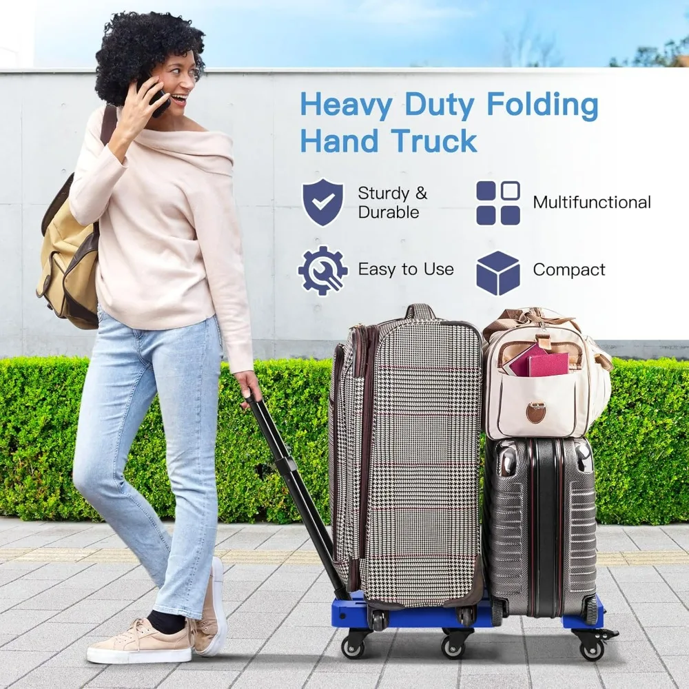 Camión de mano plegable, carrito de ruedas resistente para mover, camión de mano de 550 libras con 6 ruedas y 2 cuerdas para equipaje, mover, ir de compras