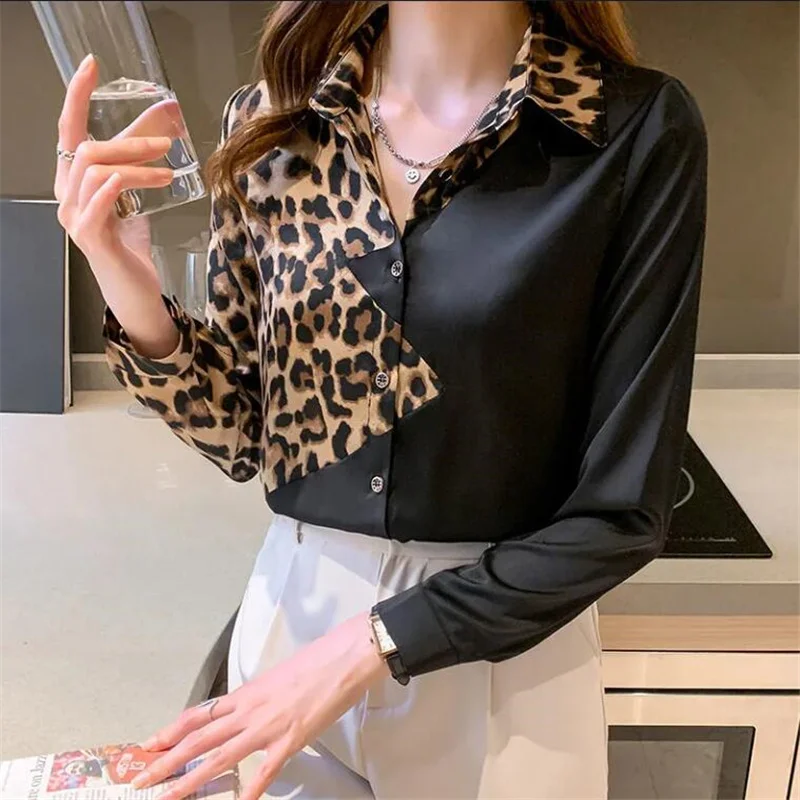 

Satin Stitching Women Shirts Black Leopard Contrast Top Chic Blouss Laple Long Sleeve Button Up Basics Casual Femme Blouses