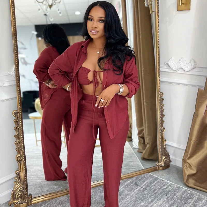 

Women Solid Fashion Sexy 3 Piece Set Hollow Out Lace Up Strapless Bra + Long Sleeve Shirts Cardigans Top + Wide Leg Pants Suits